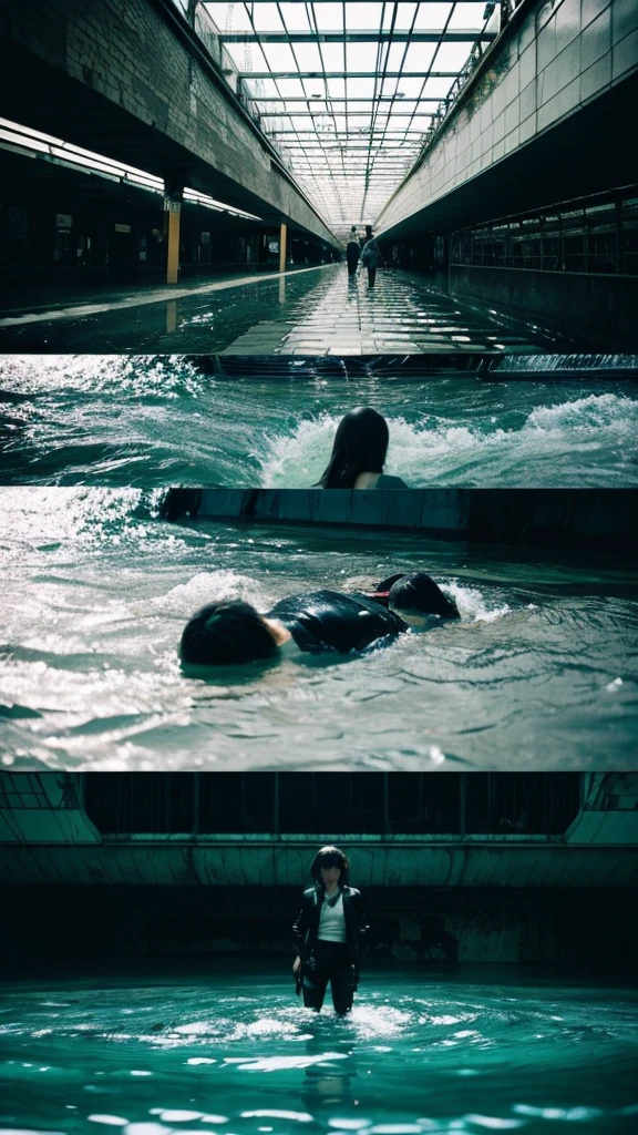 In the water,subway,moss,Showa,Collapse,Devastation,Inside the ruins,Glasses,Women,adventure,Black and White,