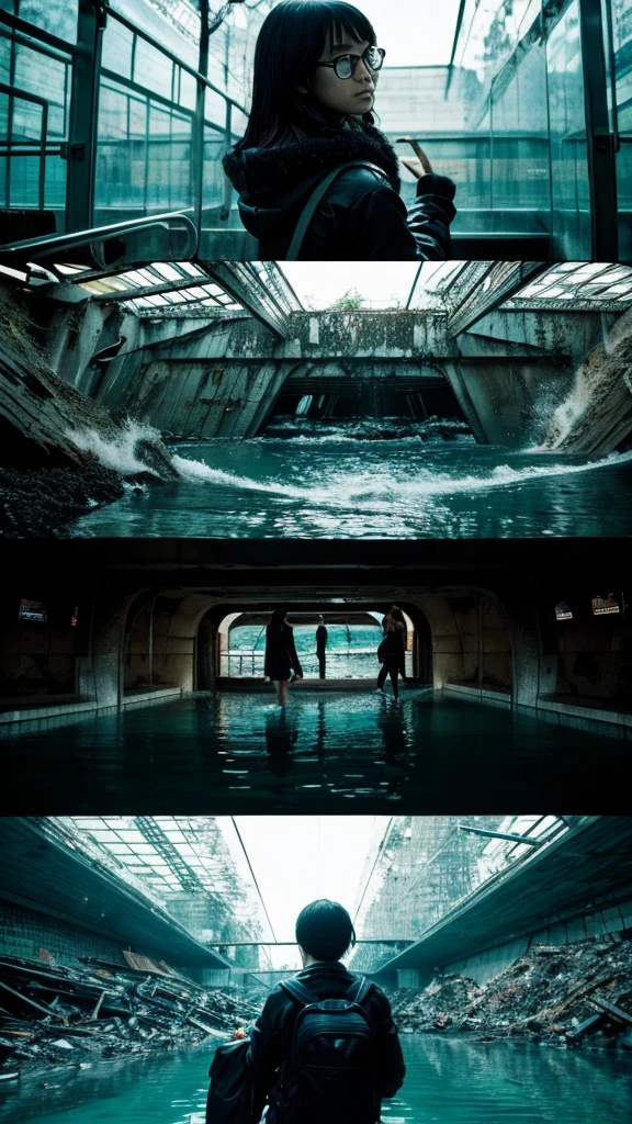 In the water,subway,moss,Showa,Collapse,Devastation,Inside the ruins,Glasses,Women,adventure,Black and White,