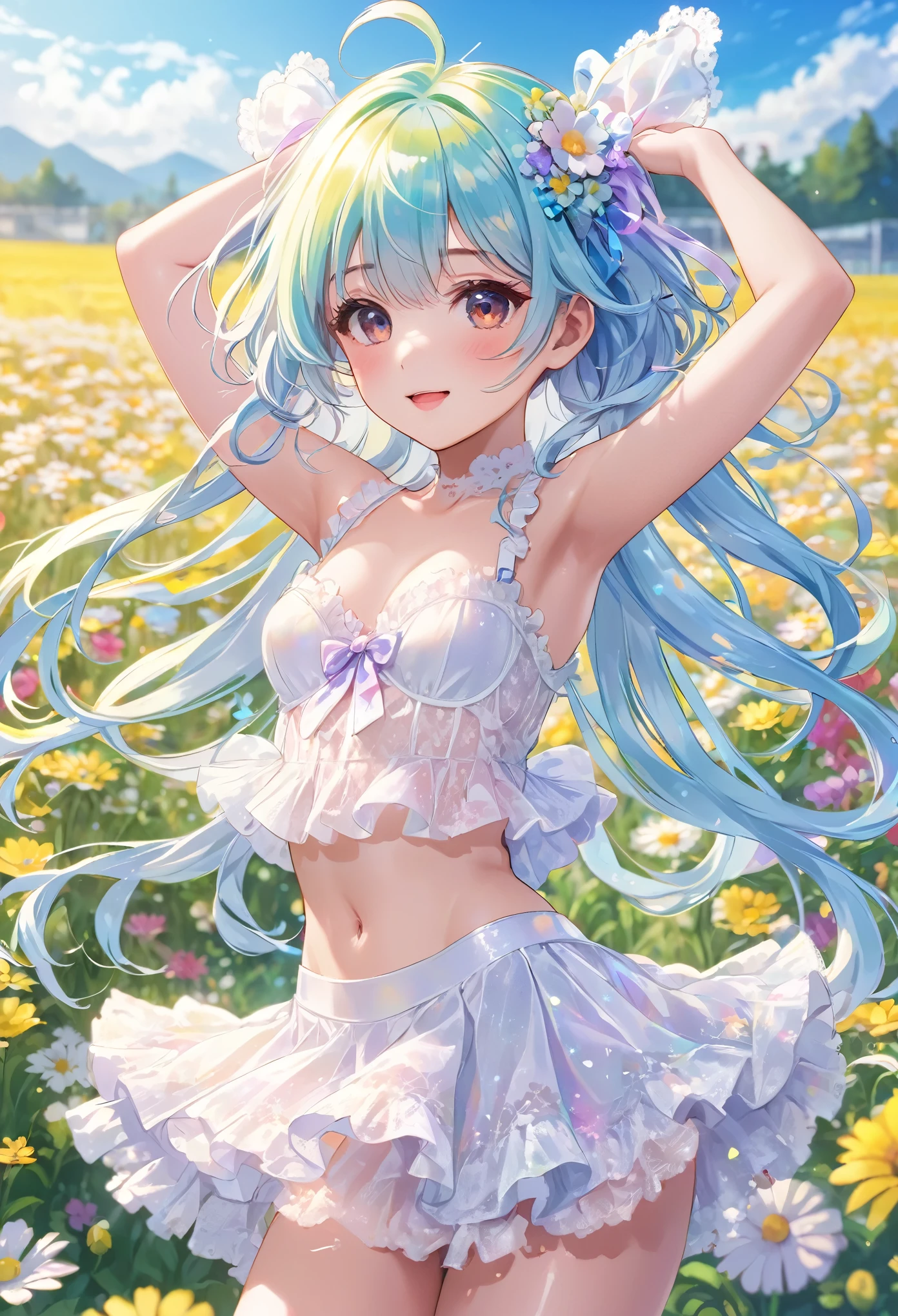 Holographic colored hair、White lace underwear、Lots of ribbons and frills、Flower Field、ergarteners、Small breasts、highest quality, masterpiece, Highest quality, High resolution, 8k, 超A high resolution, Put your arms behind your back, Hide your arms behind your back,Dance with your hands wide open