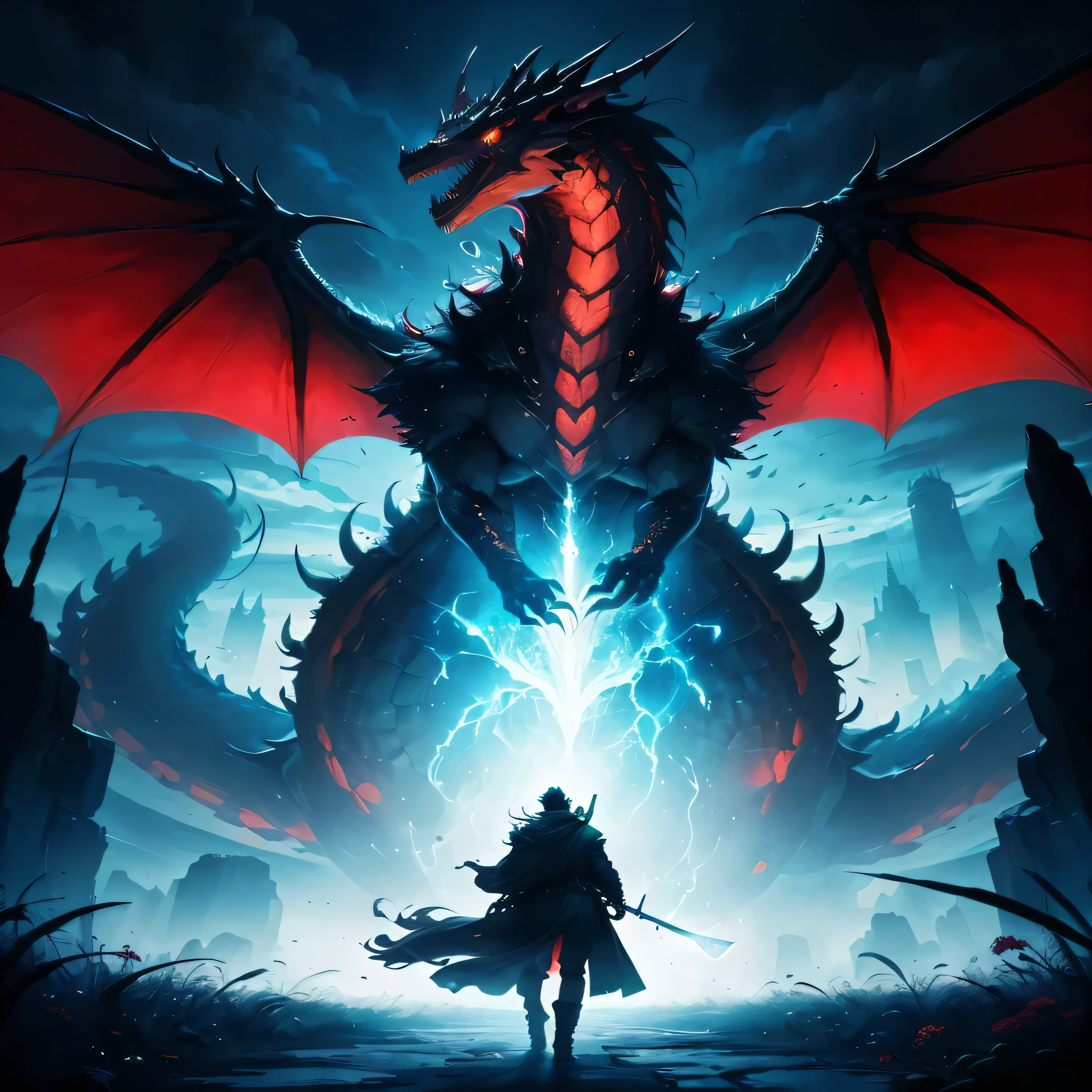 a man standing in front of a giant dragon with a sword, y mumford tom bagshaw, epic fantasy art style, epic fantasy digital art style, trueno fractal Dan Mumford, epic fantasy style art, Battle with the Dragon, en el estilo de la obra de dan mumford, Detailed 2D digital fantasy art, el bosco y dan mumford, dungeon and dragon illustration, Arte de mazmorras y dragones