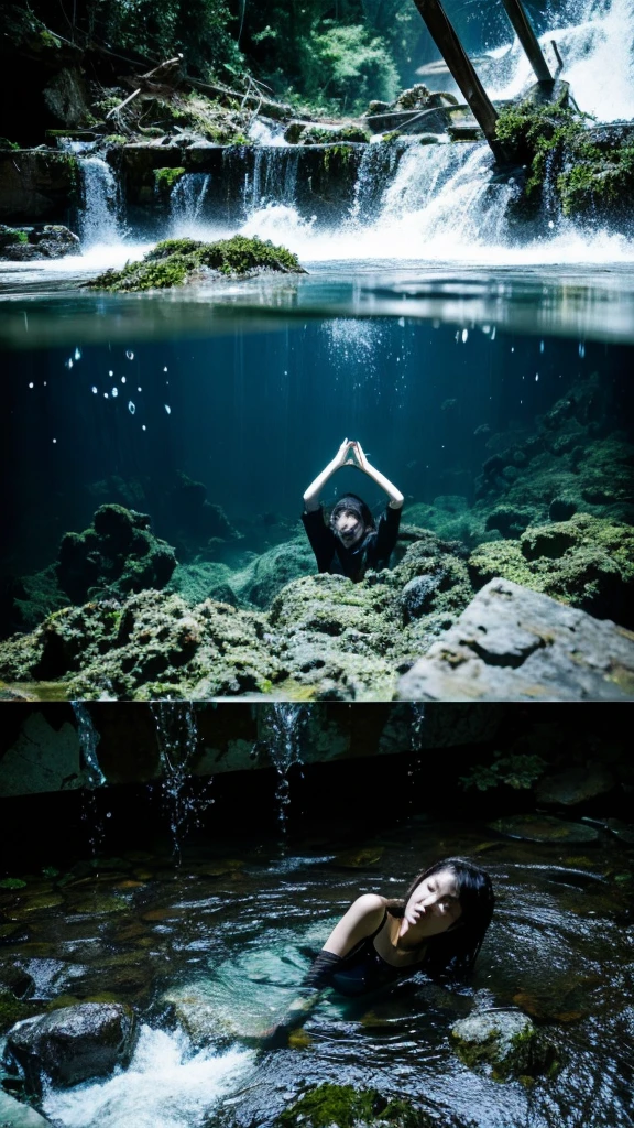 In the water,moss,Showa,Collapse,Devastation,Inside the ruins,Glasses,Women,adventure,Black and White,