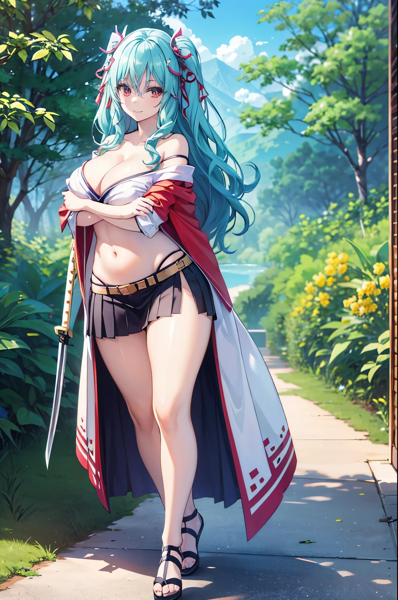 realistic image, detailed image, coherent image, 1 beautiful girl, she has very long hair, light blue hair, red eyes, smiling expression. She is wearing an off-the-shoulder t-shirt, showing her navel, a pleated miniskirt, She has a curvy body, large breasts and thick thighs, She is posing sensually with her arms holding a katana, arching her back, medieval setting, surrounded by trees, surrounded by flowers, Soft focus, full body view, Dramatic shadows, Volumetric lighting, natural lighting,