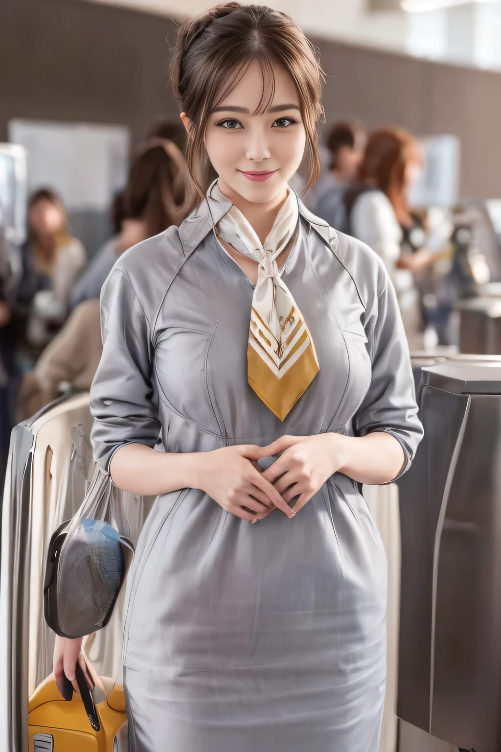 (masterpiece:1.2、highest quality:1.2)、32K HDR、High resolution、(alone、1 girl、Slim figure)、（Realistic style with Starlux Airlines uniform）、 (In the airport lounge, Professional Lighting)、A proper woman, Beautiful Face,、（Starlux Airlines silver uniform:1.4）、（Starlux Airlines silver uniform with short sleeves）、（scarf on chest）、Big Breasts、（Long hair updo、Chignon）、Dark brown hair、Long Shot、（（Fine hand：2.0））、（（Harmonious body proportions：1.5））、（（Normal limbs：2.0））、（（Normal finger：2.0））、（（Delicate eyes：2.0））、（（Normal eyes：2.0））)、Beautiful standing posture、smile