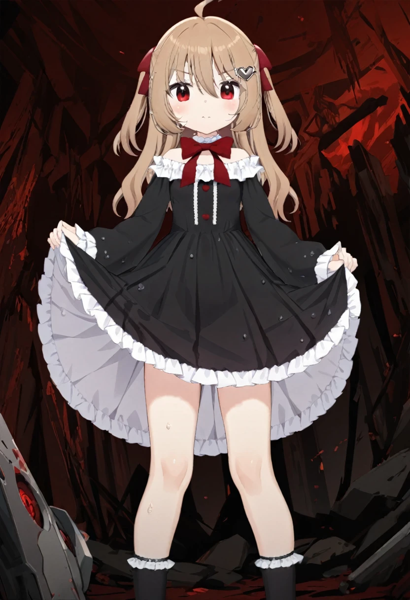 1girl, evil neuro-sama, (yuzu modoki), red eyes, light brown hair, ahoge, two side up, hair ribbon, dark red ribbon, heart hair ornament, black dress, frilled dress, off-shoulder dress, bare shoulders, frilled choker, long sleeves, red bow, red buttons, black heart, black socks, frilled socks, grey footwear, loafers, (masterpiece, best quality), highly detailed, finely detailed, wet, looking at viewer, see-through dress, covered nipples, underwear, cleavage, dress lift, skirt lift, collarbone, from below,