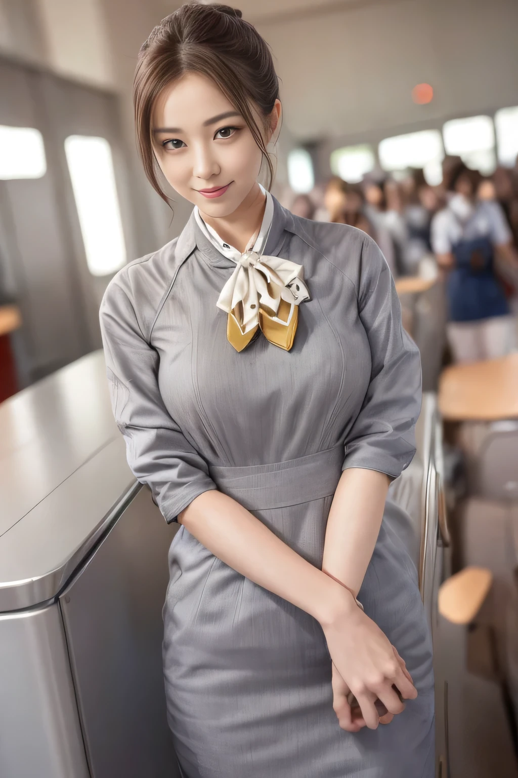 (masterpiece:1.2、highest quality:1.2)、32K HDR、High resolution、(alone、1 girl、Slim figure)、(Realistic style with Starlux Airlines uniform)、 (In the airport lounge, Professional Lighting)、A proper woman, Beautiful Face,、(Starlux Airlines silver uniform:1.4)、(Starlux Airlines silver uniform with short sleeves)、(scarf on chest)、Big Breasts、(Long hair updo、Chignon)、Dark brown hair、Long Shot、((Fine hand:2.0))、((Harmonious body proportions:1.5))、((Normal limbs:2.0))、((Normal finger:2.0))、((Delicate eyes:2.0))、((Normal eyes:2.0)))、Beautiful standing posture、smile