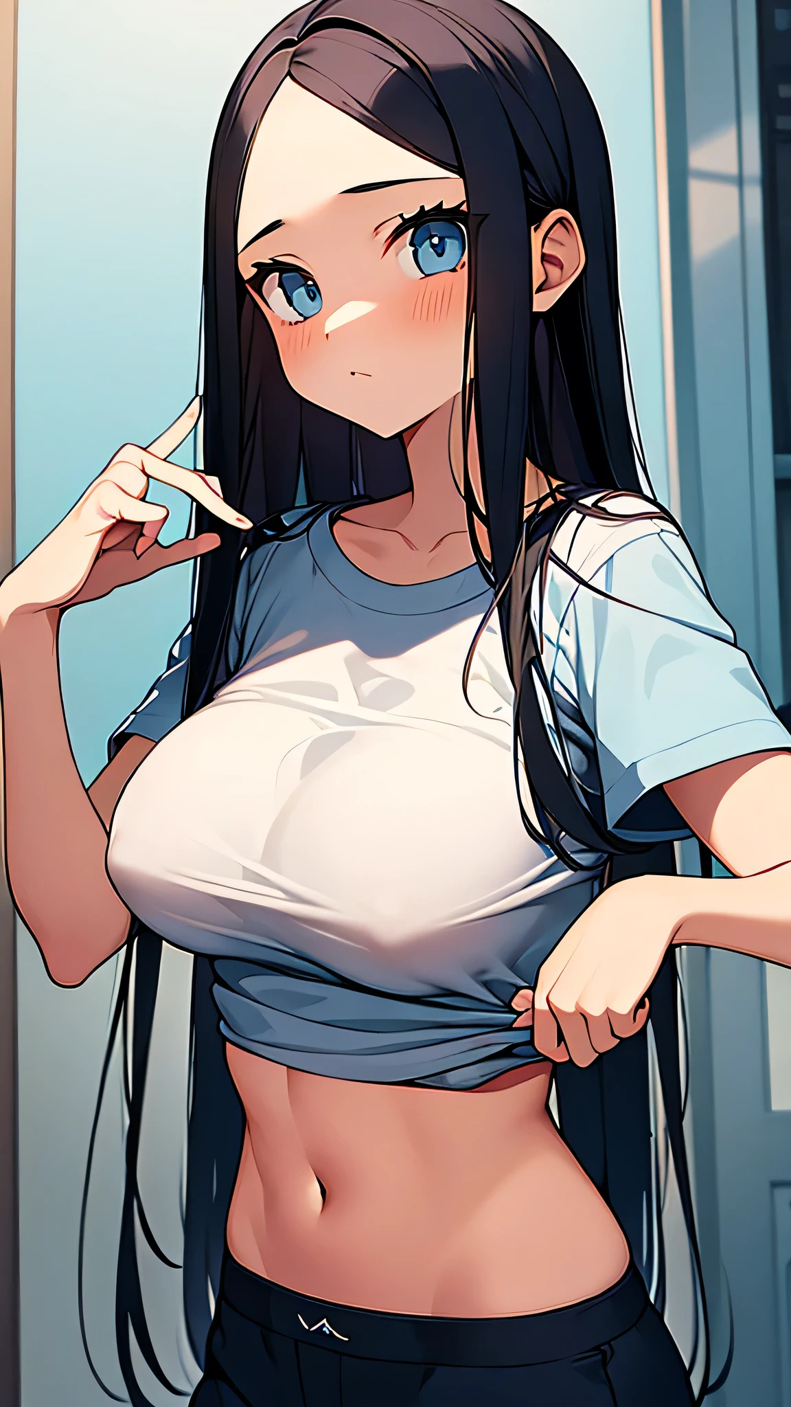 Beautiful girl with a symmetrical face is with a perfect body, big tits, vetida con una minifalda venus y un a playera muy corta desabotonada y de escote muy amplio, ropa muy delgada, ropa muy ligera como el aire, todo con detalles intrincados