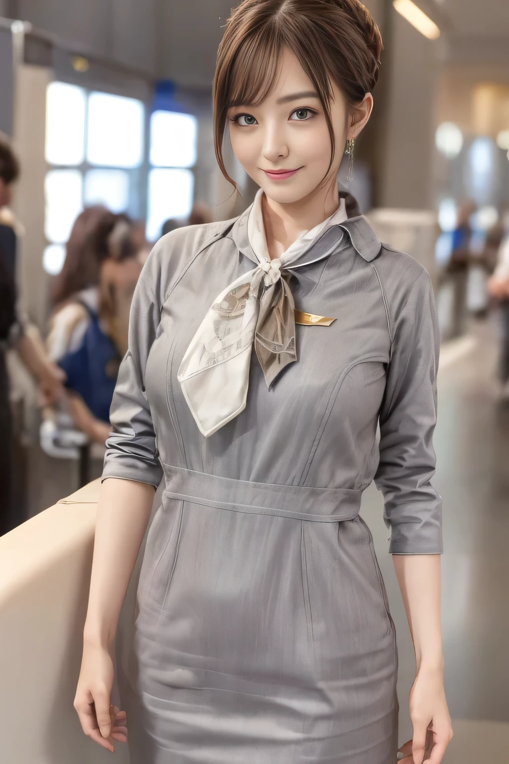 (masterpiece:1.2、highest quality:1.2)、32K HDR、High resolution、(alone、1 girl、Slim figure)、(Realistic style with Starlux Airlines uniform)、 (In the airport lounge, Professional Lighting)、A proper woman, Beautiful Face,、(Starlux Airlines silver uniform:1.4)、(Starlux Airlines silver uniform with short sleeves)、(scarf on chest)、Big Breasts、(Long hair updo、Chignon)、Dark brown hair、Long Shot、((Fine hand:2.0))、((Harmonious body proportions:1.5))、((Normal limbs:2.0))、((Normal finger:2.0))、((Delicate eyes:2.0))、((Normal eyes:2.0)))、Beautiful standing posture、smile
