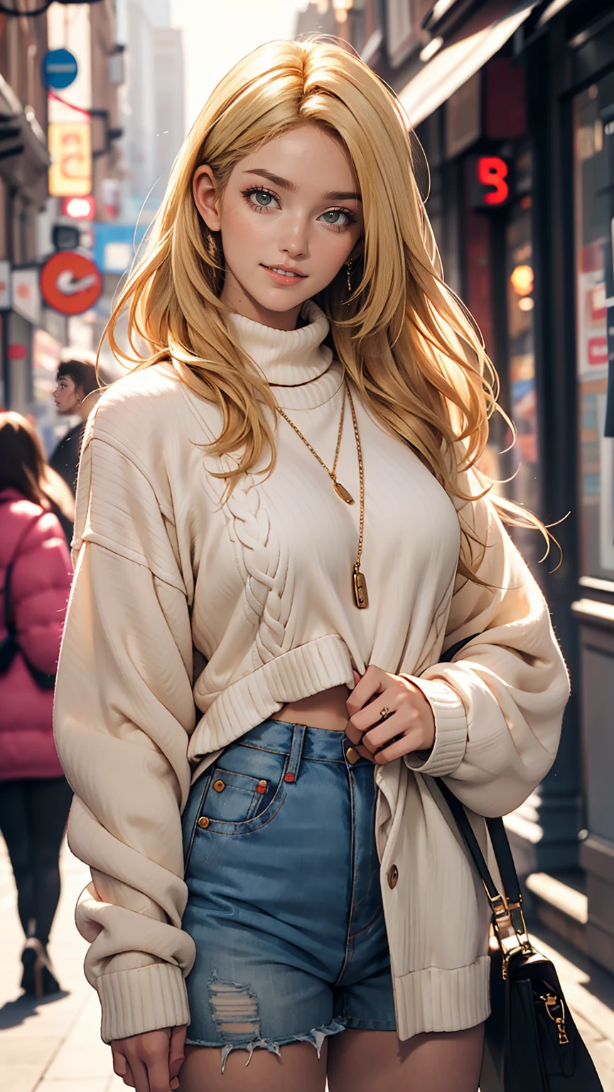 Portrait of blonde haired model woman wearing warm designer sweater, In the style of branded clothing, The sweater is completely visible, Panasonic GH5, Happy expression, A modest image, Sharp Texture - Image #2 @Slenslen、smile