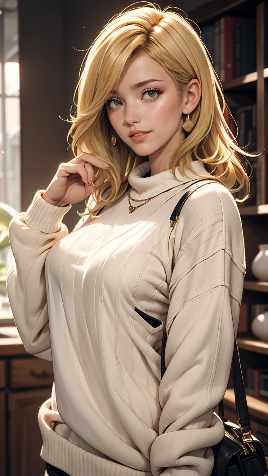 Portrait of blonde haired model woman wearing warm designer sweater, In the style of branded clothing, The sweater is completely visible, Panasonic GH5, Happy expression, A modest image, Sharp Texture - Image #2 @Slenslen、smile