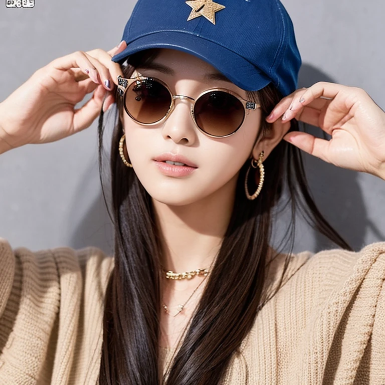 Idol de K-pop com cabelos brancos, lindos e lisos, with a cap with stars on the sides and stylish sunglasses.
