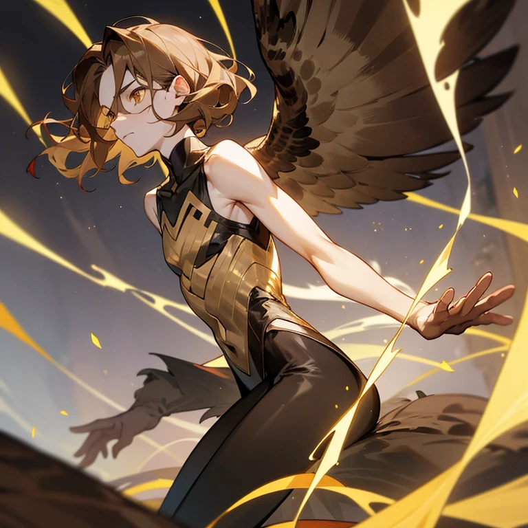 Tall young man, slim build, pale skin, golden eyes, short and wavy brown hair with golden highlights, tight clothing, black sleeveless shirt and torture neck... owl wings