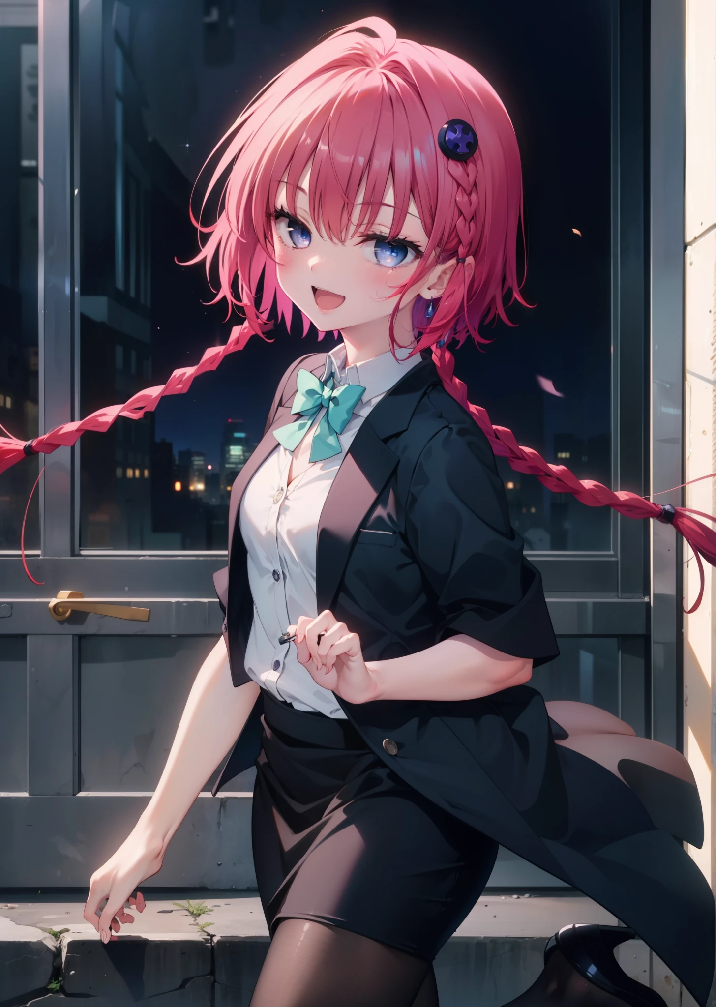 (masterpiece, highest quality:1.2),shape,8k,High resolution,kurosaki mea,まるでwhole bodyがイラストの中にいるかのように,1 girl,happy smile, smile, Open your mouth,Red Hair,Long braids,Upper Body,(Portraiture:1.2),hair ornaments,smile,Purple eyes,Medium Chest,White hair band,OL, end, Black suit jacket, Collared jacket, White dress shirt, Short sleeve,Collared shirt, Neckline, button, Black pencil skirt, Black pantyhose,Stiletto heels,morning,morning陽,The sun is rising,Walking,whole bodyがイラストに入るように,
break looking at viewer,whole body,
break outdoors, Building district,
break (masterpiece:1.2), highest quality, High resolution, unity 8k wallpaper, (shape:0.8), (Fine and beautiful eyes:1.6), Highly detailed face, Perfect lighting, Highly detailed CG, (Perfect hands, Perfect Anatomy),