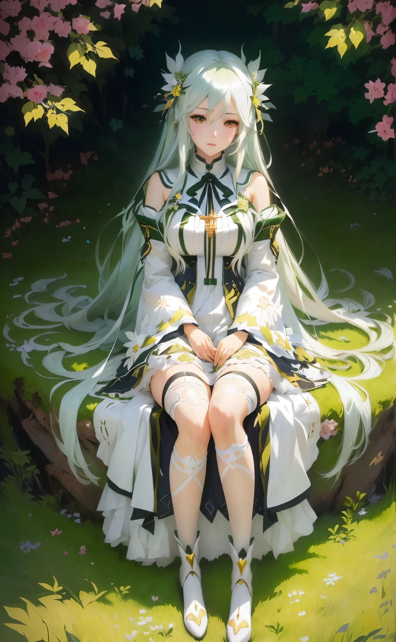 Anime girl with long white hair sitting on green grass, White-haired God, Detailed Key Anime Art, artstation pixivでトレンド, From Arknights, Highly detailed official artwork, Anime Goddess, pixiv artstationのguweiz, Official Anime Artwork, zerochan art, Beautiful fantasy anime, Ethereal Anime, Cute anime waifu in a nice dress