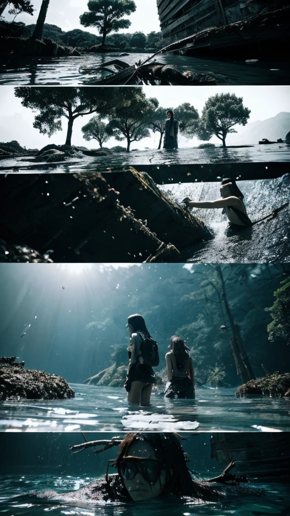 In the water,moss,Showa,Collapse,Devastation,Inside the ruins,Glasses,Women,adventure,Black and White,