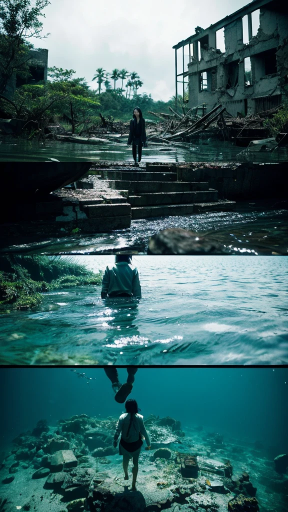 In the water,moss,Showa,Collapse,Devastation,Inside the ruins,Glasses,Women,adventure,Black and White,