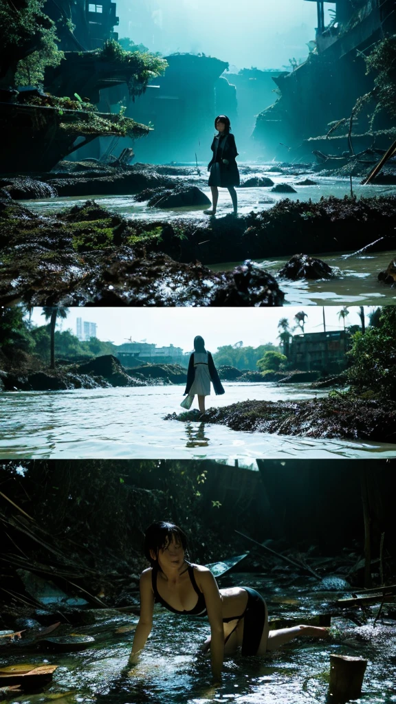 In the water,moss,Showa,Collapse,Devastation,Inside the ruins,Glasses,Women,adventure,Black and White,