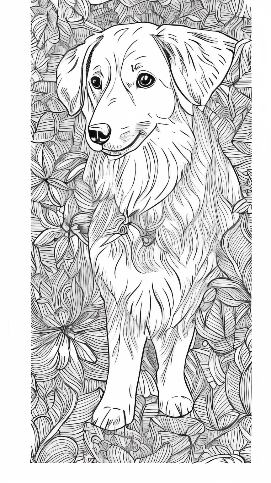 Black and white outline art for cute coloring book pages for kids, Golden Retriever dog in a garden, full body centered, all white, children's style, white background, full body, outline style, full body, only outlines used, cartoon style, lines, coloring book, clean lines, no background. White drawing style illustration