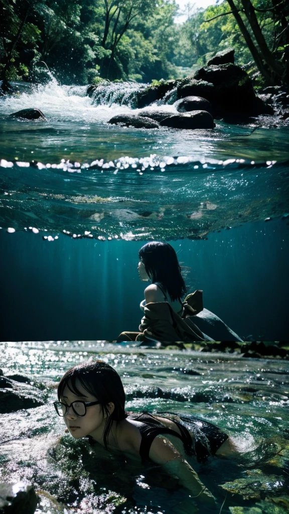 In the water,moss,Showa,Collapse,Devastation,Inside the ruins,Glasses,Women,adventure,Black and White,