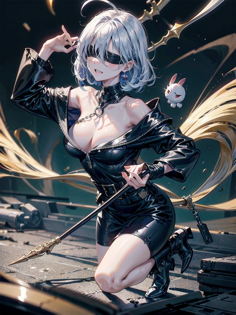 ((one-eyed blindfold)), holy paladin, scythe, dark Heavy armor, absurdres, RAW photo, extremely delicate and beautiful, masterpiece, Best Quality, ultra high resolution, 32k, hyperrealistic, ultra-detailed, detailed description, pale skin, 20 years old, tearful mole, earring, Colossal tits, short medium hair, wavy hair, evil grin, full body shot,