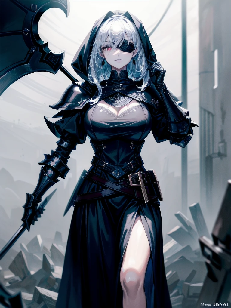 ((one-eyed blindfold)), holy paladin, scythe, dark Heavy armor, absurdres, RAW photo, extremely delicate and beautiful, masterpiece, Best Quality, ultra high resolution, 32k, hyperrealistic, ultra-detailed, detailed description, pale skin, 20 years old, tearful mole, earring, Colossal tits, short medium hair, wavy hair, evil grin, full body shot,