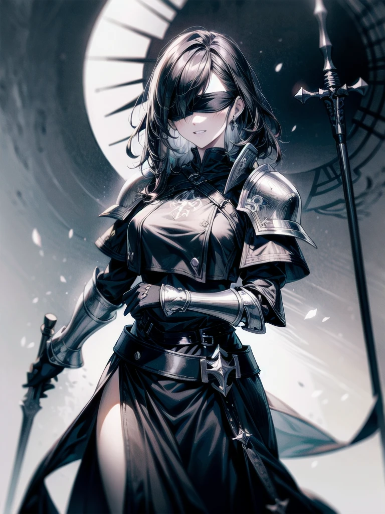 ((one-eyed blindfold)), holy paladin, scythe, dark Heavy armor, absurdres, RAW photo, extremely delicate and beautiful, masterpiece, Best Quality, ultra high resolution, 32k, hyperrealistic, ultra-detailed, detailed description, pale skin, 20 years old, tearful mole, earring, Colossal tits, short medium hair, wavy hair, evil grin, full body shot,