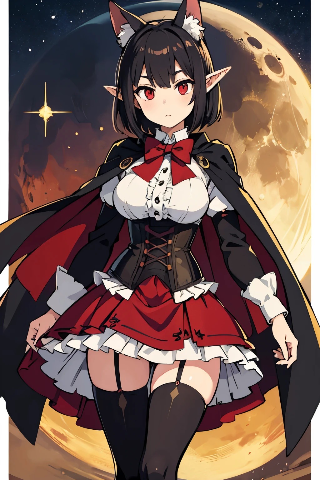 Anime girl, short black hair, Bangs are heavy, elf ears, red eyes, elegant,((best quality)), ((highly detailed)), masterpiece, absurdres, (detailed eyes, deep eyes), (1girl), puffy shirt, big bowtie, corset, skirt, stockings, boots, cape, Outside at night when the moon shines, frills, The sleeves are wide at the hem, long sleeve shirt