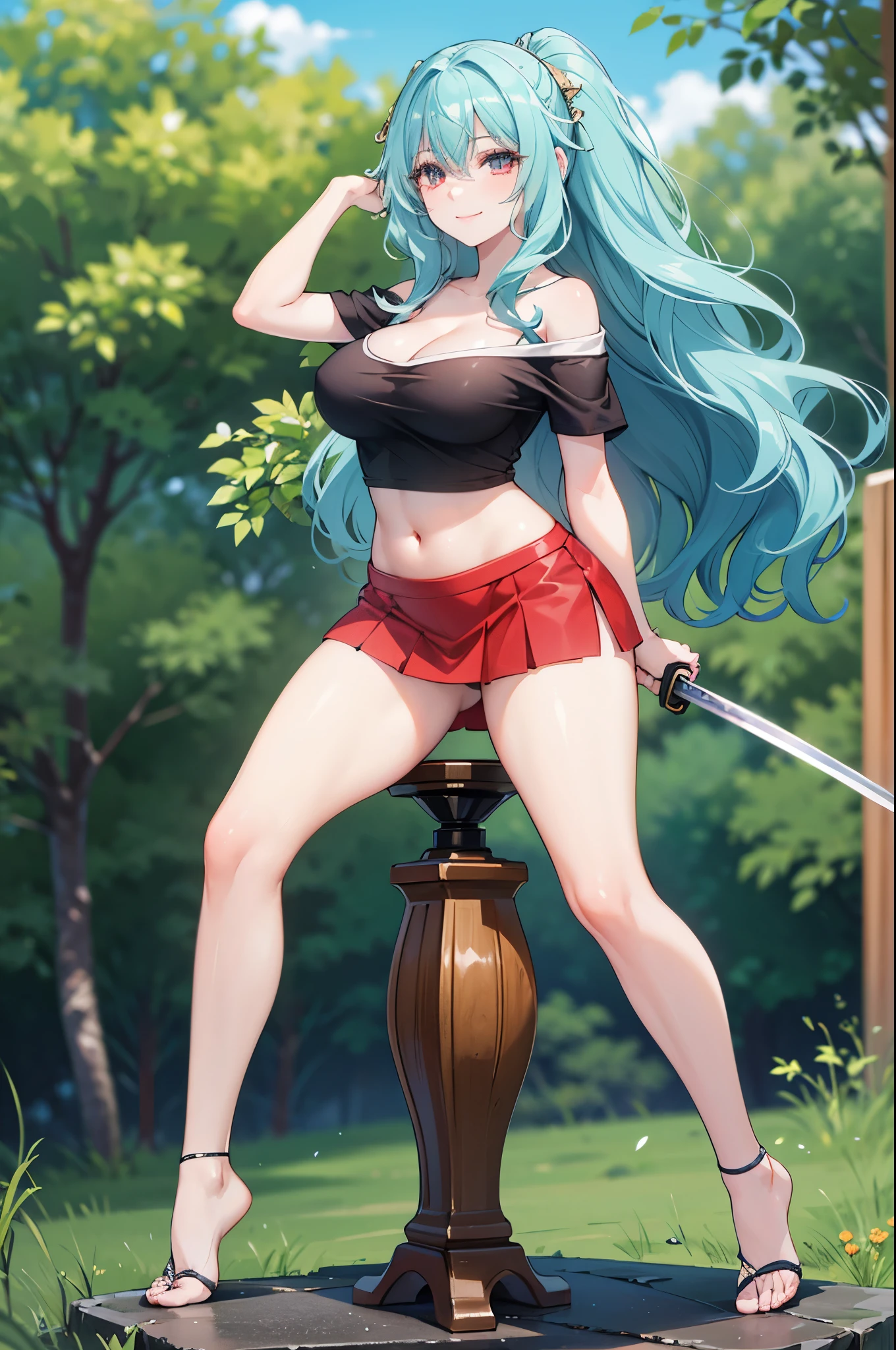 realistic image, detailed image, coherent image, 1 beautiful girl, she has very long hair, light blue hair, red eyes, smiling expression. She is wearing an off-the-shoulder t-shirt, showing her navel, a pleated miniskirt, She has a curvy body, large breasts and thick thighs, She is posing sensually with her arms holding a katana, arching her back, medieval setting, surrounded by trees, surrounded by flowers, Soft focus, full body view, Dramatic shadows, Volumetric lighting, natural lighting,