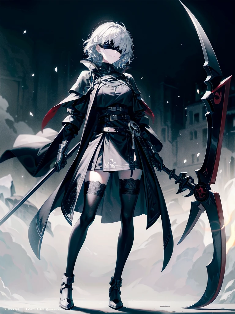 ((one-eyed blindfold)), holy paladin, scythe, dark Heavy armor, absurdres, RAW photo, extremely delicate and beautiful, masterpiece, Best Quality, ultra high resolution, 32k, hyperrealistic, ultra-detailed, detailed description, pale skin, 20 years old, tearful mole, earring, Colossal tits, short medium hair, wavy hair, evil grin, full body shot,