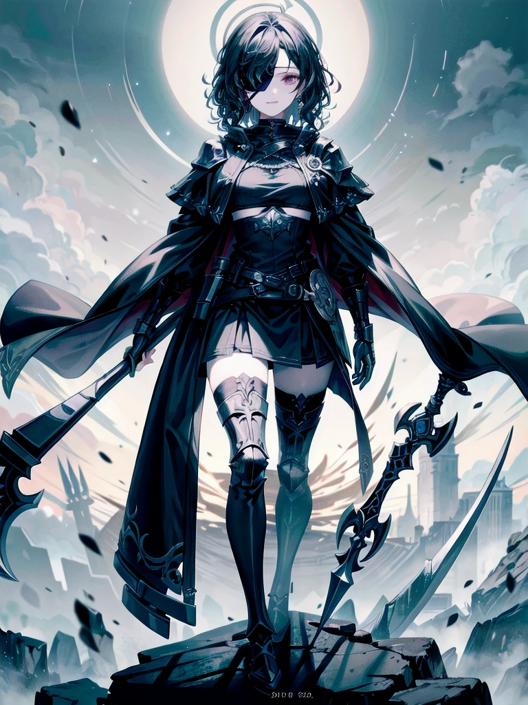 ((one-eyed blindfold)), holy paladin, scythe, dark Heavy armor, absurdres, RAW photo, extremely delicate and beautiful, masterpiece, Best Quality, ultra high resolution, 32k, hyperrealistic, ultra-detailed, detailed description, pale skin, 20 years old, tearful mole, earring, Colossal tits, short medium hair, wavy hair, evil grin, full body shot,