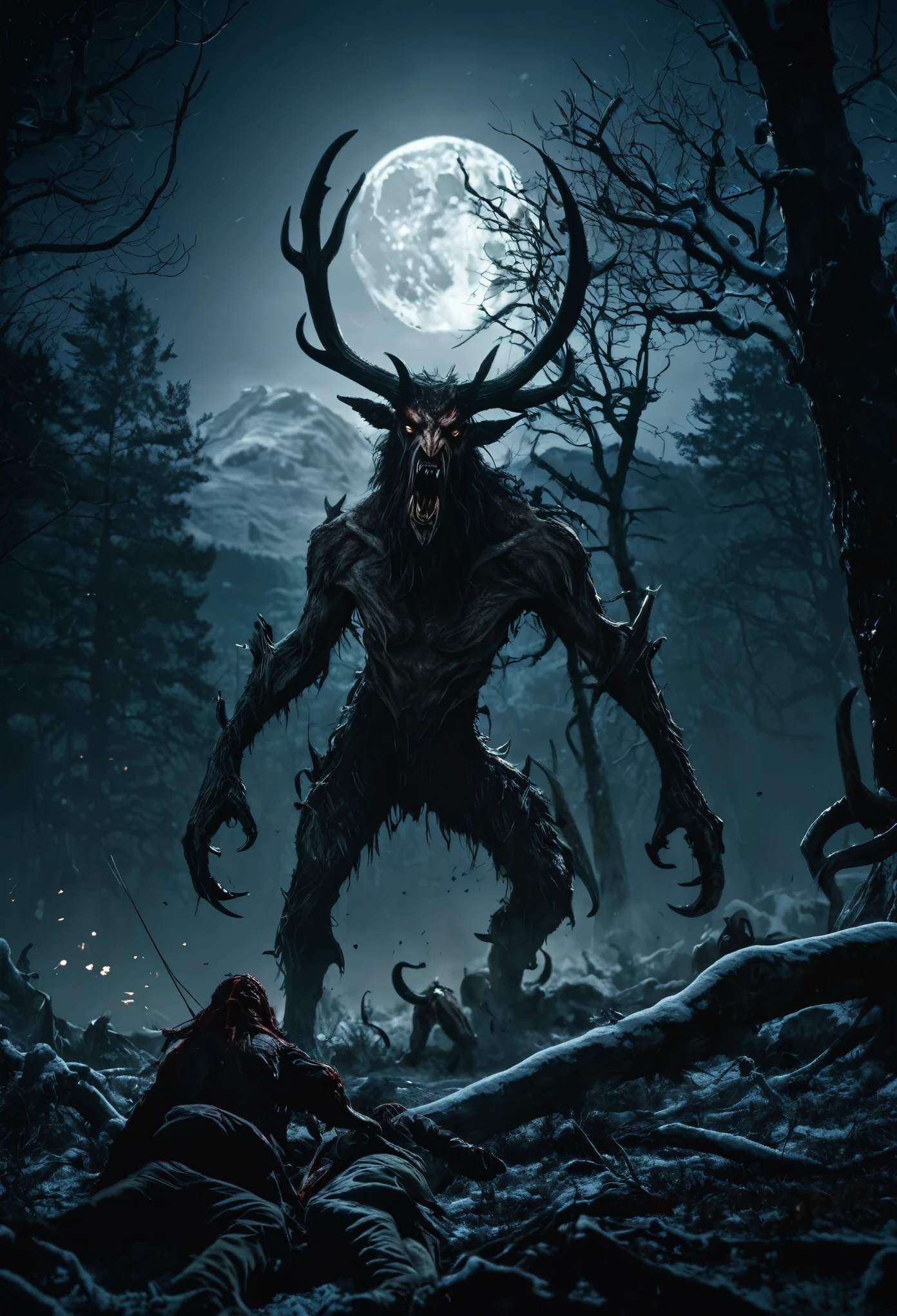 Masterpieces of horror, highest quality, (action shot, Motion blur), battle, greg latkowski, (Focus on a scary big wendigo seen in the distance, big size difference of the horns), fantasy, People who fight against it々, dark winter evening, Deep dark forest, Huge ancient tree, Fight, scenery, Mountain, outdoor, More than one person, Injured on the ground々, (Blood splattering in the air), Traces of the massacre, (indirect) moonlight, very detailed, High resolution, sharp, sharp image, 4k, 8K,Masterpieces of horror, highest quality, (action shot, Motion blur), battle, greg latkowski, (Focus on a scary big wendigo seen in the distance, big size difference of the horns), fantasy, People who fight against it々, dark winter evening, Deep dark forest, Huge ancient tree, Fight, scenery, Mountain, outdoor, More than one person, Injured on the ground々, (Blood splattering in the air), Traces of the massacre, (indirect) moonlight, very detailed, High resolution, sharp, sharp image, 4k, 8K,