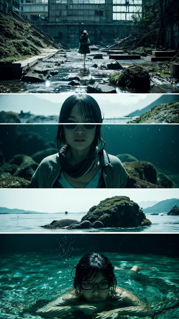 In the water,moss,Showa,Collapse,Devastation,Inside the ruins,Glasses,Women,adventure,Black and White,