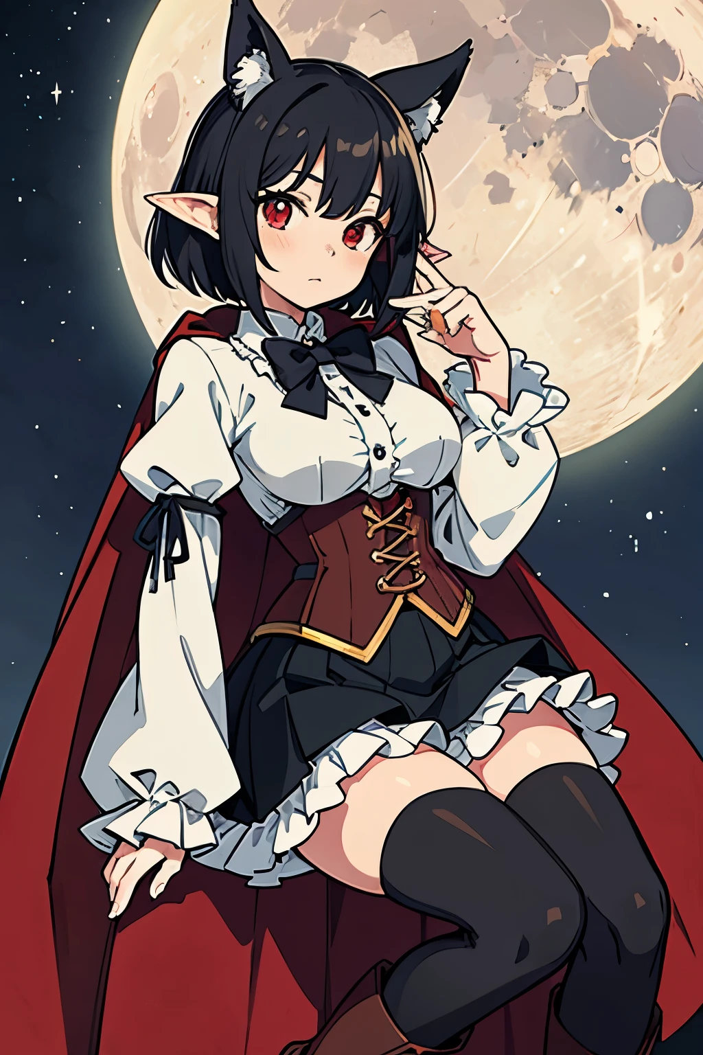 Anime girl, short black hair, Bangs are heavy, elf ears, red eyes, elegant,((best quality)), ((highly detailed)), masterpiece, absurdres, (detailed eyes, deep eyes), (1girl), puffy shirt, big bowtie, corset, skirt, stockings, boots, cape, Outside at night when the moon shines, frills, The sleeves are wide at the hem, long sleeve shirt