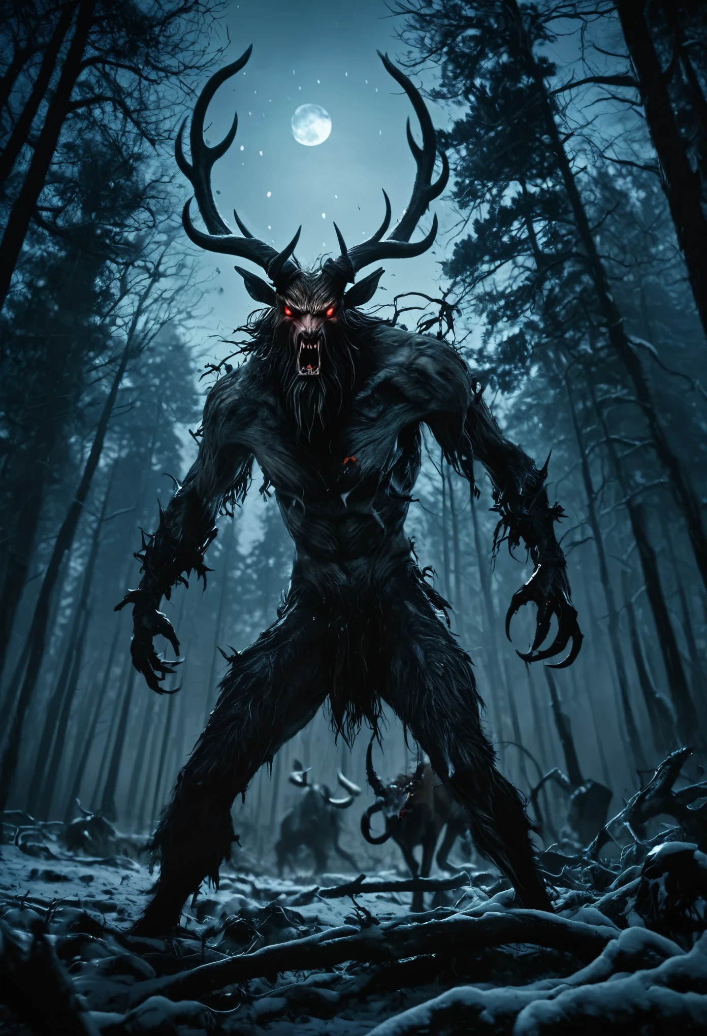 Masterpieces of horror, highest quality, (action shot, Motion blur), battle, greg latkowski, (Focus on a scary big wendigo seen in the distance, big size difference of the horns), fantasy, People who fight against it々, dark winter evening, Deep dark forest, Huge ancient tree, Fight, scenery, Mountain, outdoor, More than one person, Injured on the ground々, (Blood splattering in the air), Traces of the massacre, (indirect) moonlight, very detailed, High resolution, sharp, sharp image, 4k, 8K,Masterpieces of horror, highest quality, (action shot, Motion blur), battle, greg latkowski, (Focus on a scary big wendigo seen in the distance, big size difference of the horns), fantasy, People who fight against it々, dark winter evening, Deep dark forest, Huge ancient tree, Fight, scenery, Mountain, outdoor, More than one person, Injured on the ground々, (Blood splattering in the air), Traces of the massacre, (indirect) moonlight, very detailed, High resolution, sharp, sharp image, 4k, 8K,