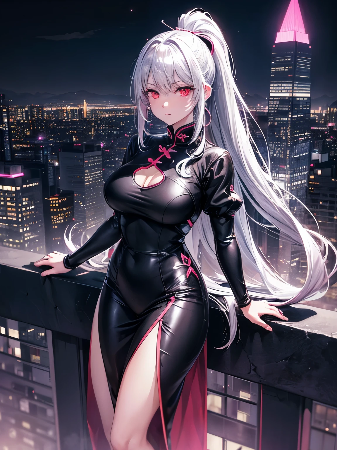 anime, (artwork, best quality, ultra-detailed, high contrast), 1 woman (Alone, full body, plus size body, standing on the edge of the skyscraper, silver hair, LONG In a ponytail, red eyes, perfect eyes ruby sparkles, (simple black qipao, black cybernetics with neon pink), transparent black socks), (skyscraper roof, overlooking a city, detailed background ((night time, Darkness, low light pollution)))