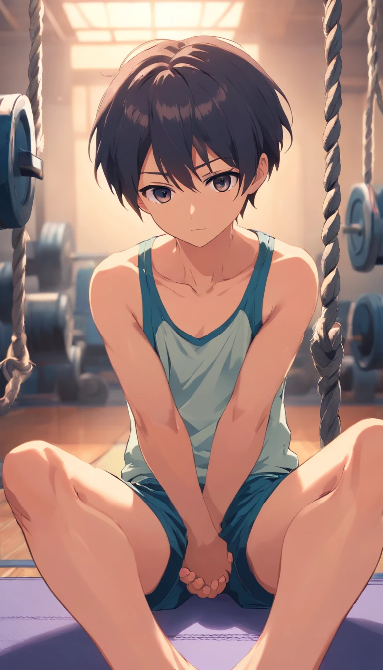 Boy in shorts, gym clothes, short hair, hands tied behind back, rope bondage, left unattended, punishment