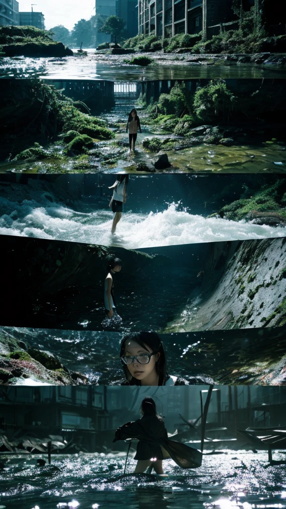 In the water,moss,Showa,Collapse,Devastation,Inside the ruins,Glasses,Women,adventure,Black and White,