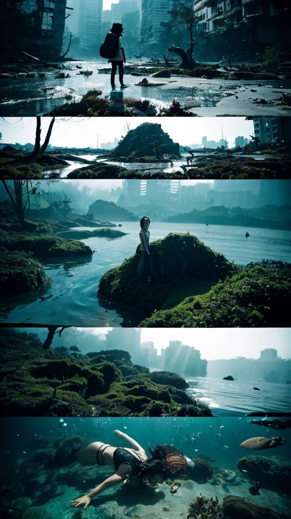 In the water,moss,Showa,Collapse,Devastation,Inside the ruins,Glasses,Women,adventure,Black and White,