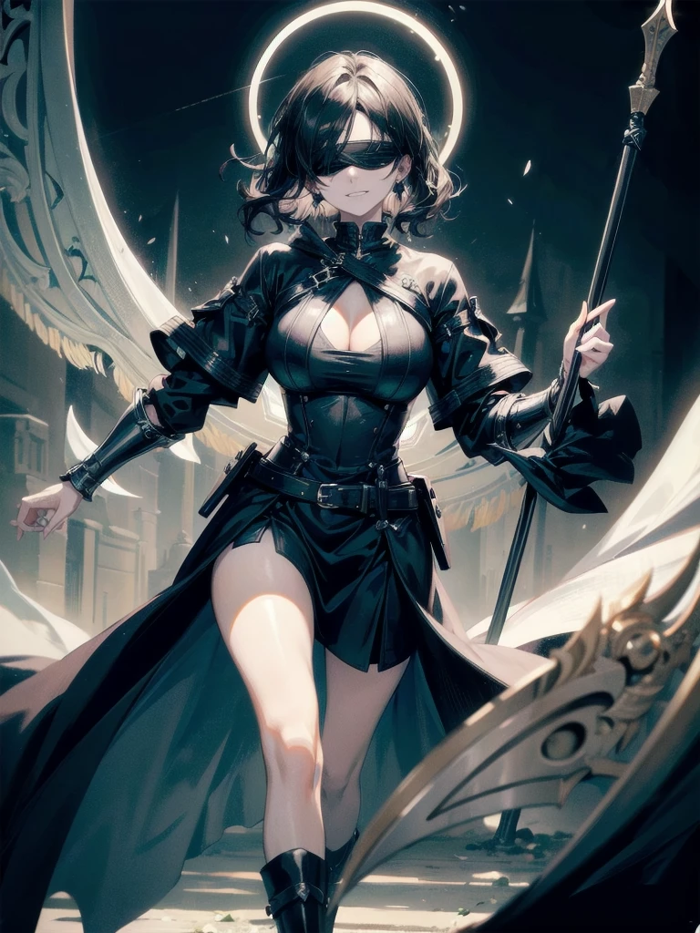 ((one-eyed blindfold)), holy paladin, scythe, dark Heavy armor, absurdres, RAW photo, extremely delicate and beautiful, masterpiece, Best Quality, ultra high resolution, 32k, hyperrealistic, ultra-detailed, detailed description, pale skin, 20 years old, tearful mole, earring, Colossal tits, short medium hair, wavy hair, evil grin, full body shot,