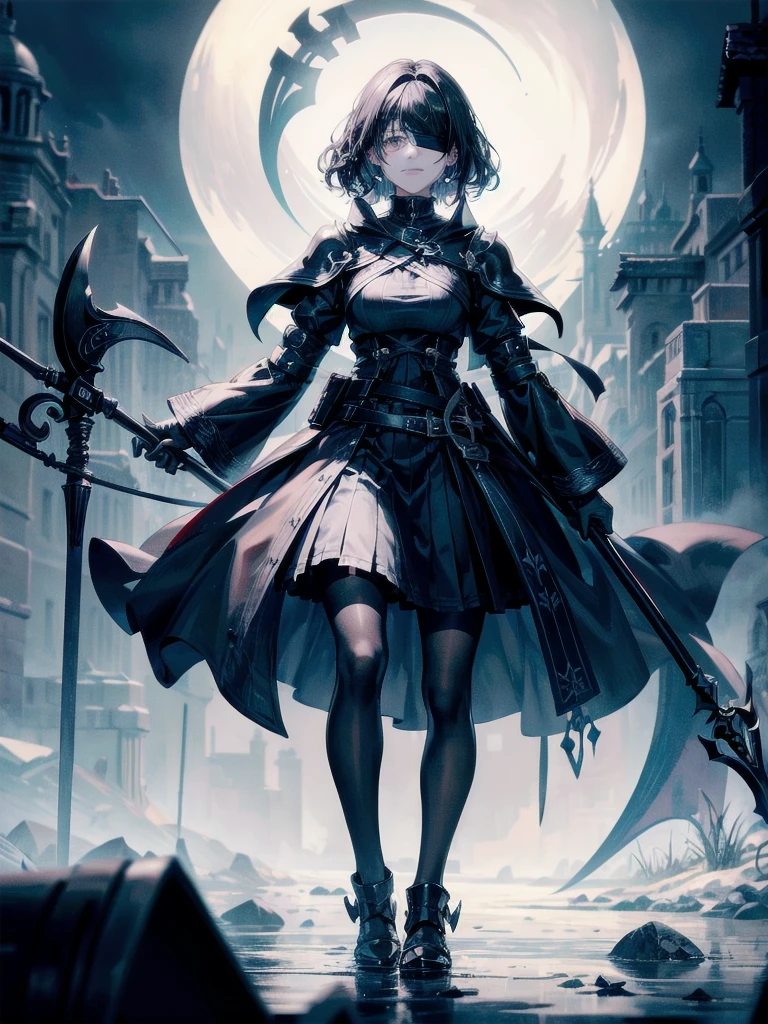 ((one-eyed blindfold)), holy paladin, scythe, dark Heavy armor, absurdres, RAW photo, extremely delicate and beautiful, masterpiece, Best Quality, ultra high resolution, 32k, hyperrealistic, ultra-detailed, detailed description, pale skin, 20 years old, tearful mole, earring, Colossal tits, short medium hair, wavy hair, evil grin, full body shot,