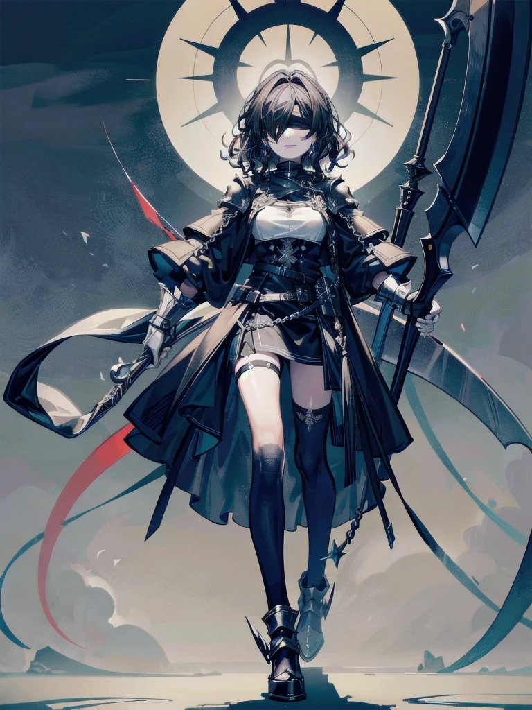 ((one-eyed blindfold)), holy paladin, scythe, dark Heavy armor, absurdres, RAW photo, extremely delicate and beautiful, masterpiece, Best Quality, ultra high resolution, 32k, hyperrealistic, ultra-detailed, detailed description, pale skin, 20 years old, tearful mole, earring, Colossal tits, short medium hair, wavy hair, evil grin, full body shot,
