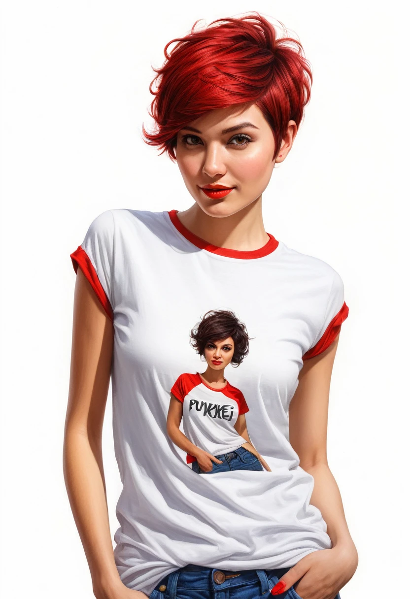 crea una mujer con pelo corte pixie ,con camiseta roja , obra maestra, estilo ilustracion de Ali Erturk, alto detalle, hiperrealista, luz natural,ilustracion , colores llamativos