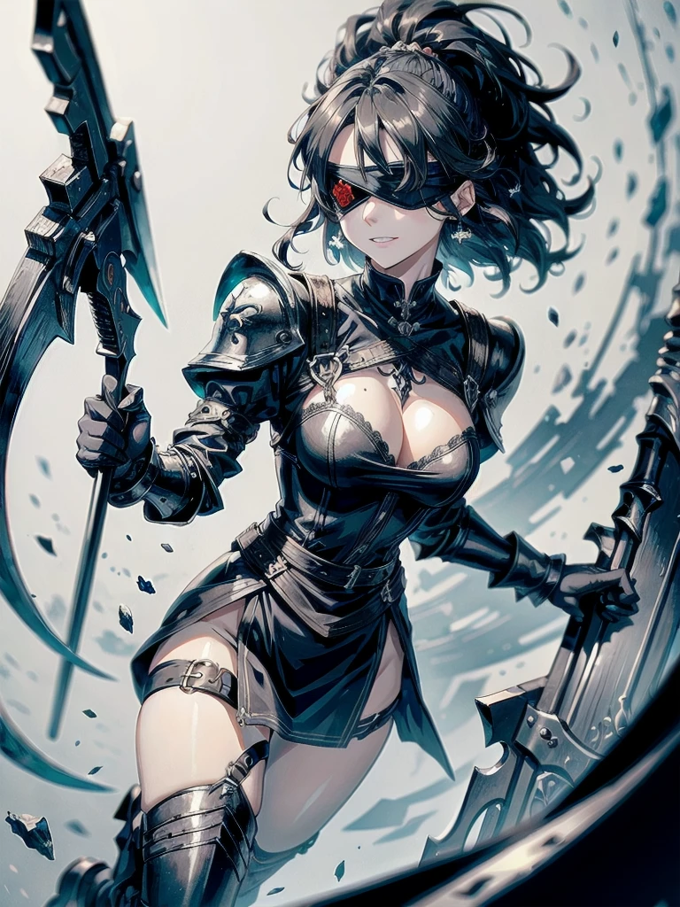 ((one-eyed blindfold)), holy paladin, scythe, dark Heavy armor, absurdres, RAW photo, extremely delicate and beautiful, masterpiece, Best Quality, ultra high resolution, 32k, hyperrealistic, ultra-detailed, detailed description, pale skin, 20 years old, tearful mole, earring, Colossal tits, short medium hair, wavy hair, evil grin, full body shot,