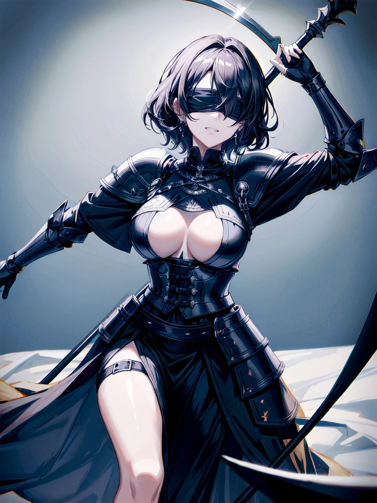 ((one-eyed blindfold)), holy paladin, scythe, dark Heavy armor, absurdres, RAW photo, extremely delicate and beautiful, masterpiece, Best Quality, ultra high resolution, 32k, hyperrealistic, ultra-detailed, detailed description, pale skin, 20 years old, tearful mole, earring, Colossal tits, short medium hair, wavy hair, evil grin, full body shot,
