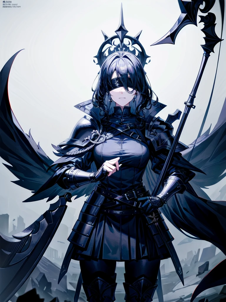 ((one-eyed blindfold)), holy paladin, scythe, dark Heavy armor, absurdres, RAW photo, extremely delicate and beautiful, masterpiece, Best Quality, ultra high resolution, 32k, hyperrealistic, ultra-detailed, detailed description, pale skin, 20 years old, tearful mole, earring, Colossal tits, short medium hair, wavy hair, evil grin, full body shot,