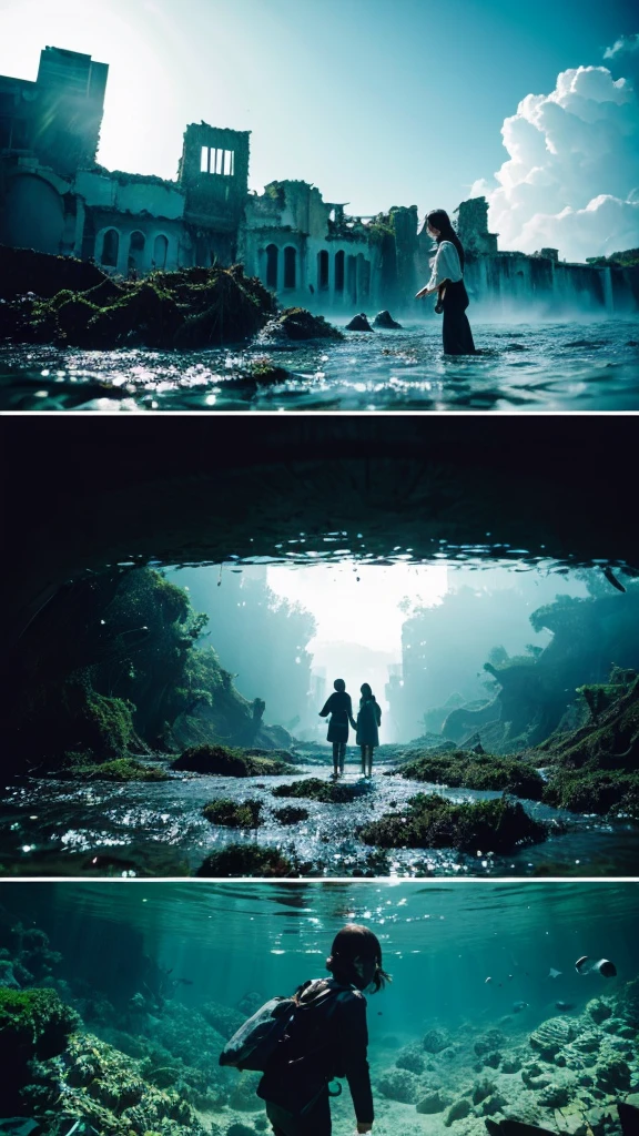 In the water,moss,Showa,Collapse,Devastation,Inside the ruins,Glasses,Women,adventure,Black and White,