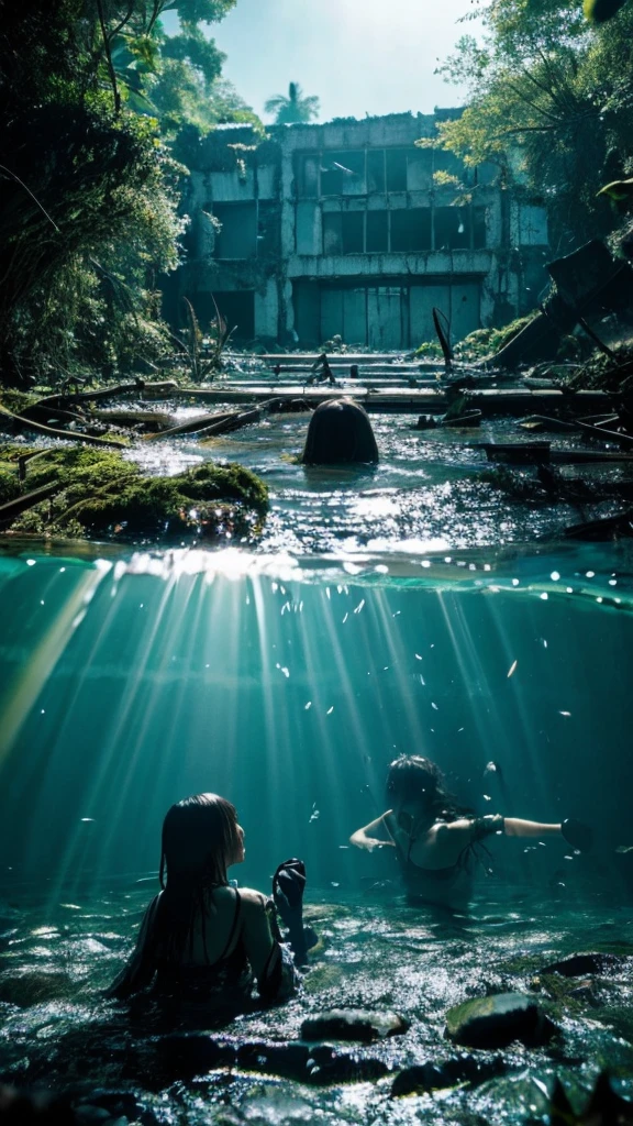 In the water,moss,Showa,Collapse,Devastation,Inside the ruins,Glasses,Women,adventure,Black and White,