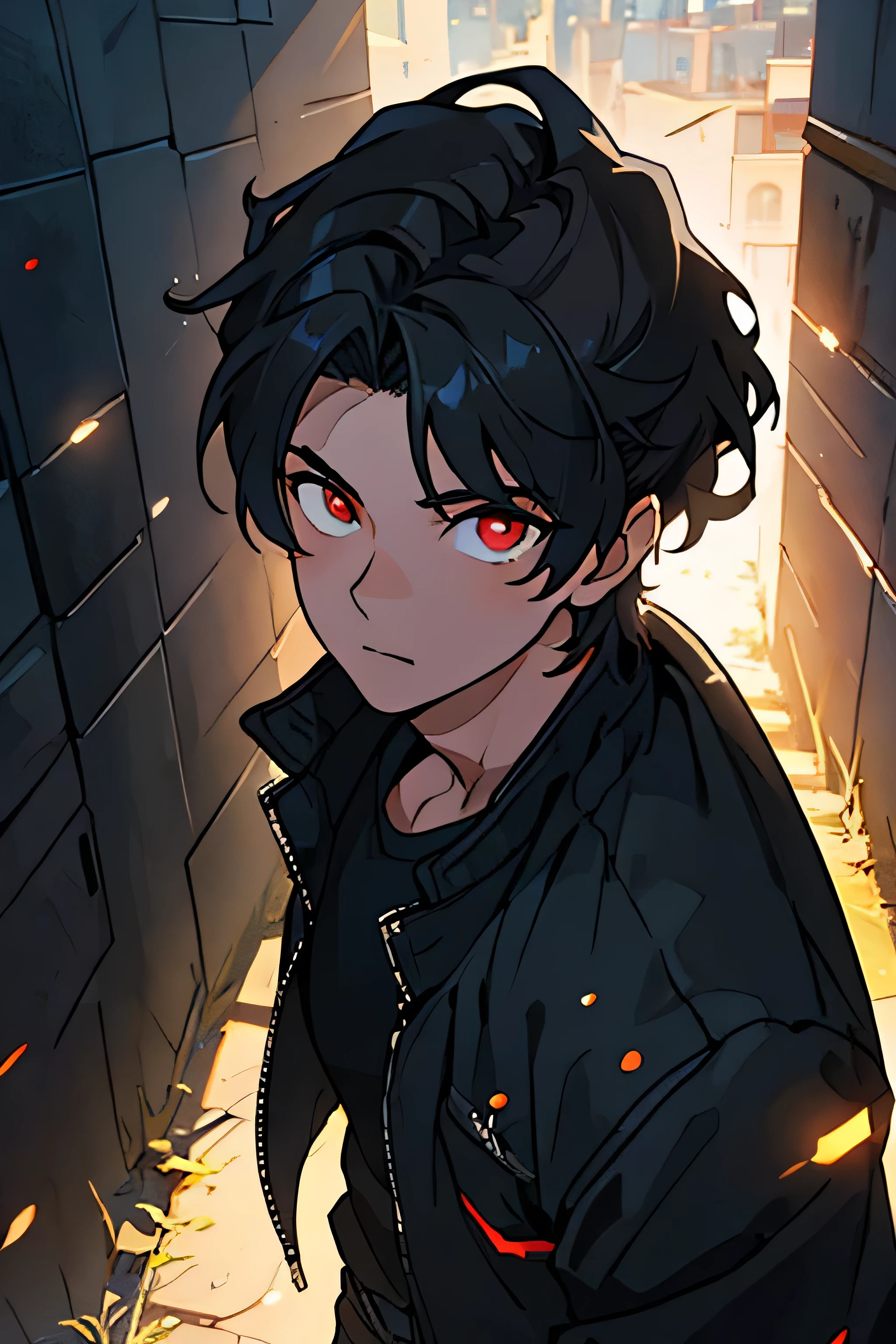 Masterpiece, best quality, 1 boy, elegant, looking at viewer, from above, short hair, wavy black hair, black jacket, red eyes, pretty eyes, beautiful background, light particles, sun rays, dramatic lighting, outside, Brilliant, realistic, Masterpiece, best quality, ultra-detailed, detailed, scenery, beautiful detailed eyes, detailed hair