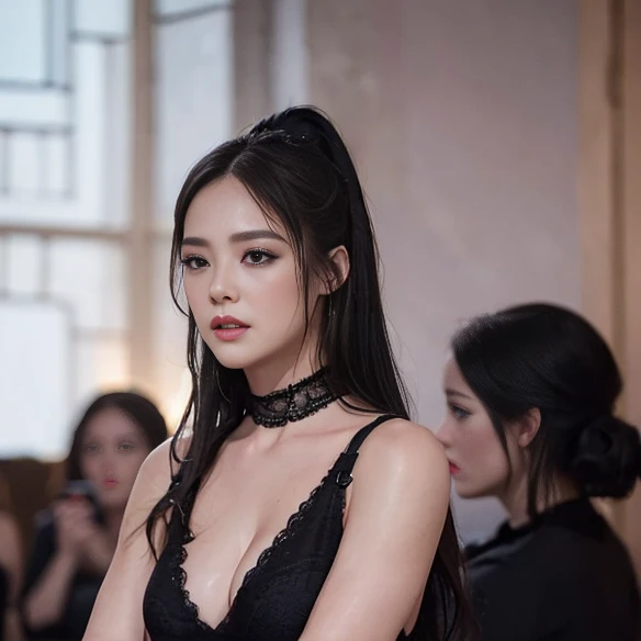 ((Top Quality、16K、​masterpiece:1.3))、a tall and beautiful woman、Perfect Figure:1.4、(gothic aesthetic) Slim Abs、(goth girl) black hairstyle、long hair、No postural movement、Stand up straight、Huge bust、Highly detailed facial and skin texture、(A detailed eye, Symmetry Eyes, Clear realistic eyes, Double eyelidd、Cold-stricken face、Symmetrical face), pale-white skin (illuminated, realistic shading sound), goth makeup, Royal sisters full of fans、The Telegraph Esbian、peach buttocks、(black gothic Knit Dress, Very Tight Knit), cleavage,  squart、(Raw foto:1.2)、((Photorealcitic:1.4))Top Quality、​masterpiece、Real Photography、very delicate and beautiful.、super detailed CG、Unity、8K photo wallpaper、delicate detail、best qualtiy、Highly detailed CG unity 8k wallpaper、absurderes、Incredibly Absurd、huge file size、extremely highly detailed、Hight Resolution、ighly Details、Beautiful detail girl、extremely detailed eyes and face、beautiful delicate eyes、Facial light、cinematic lightings、(big hips, thick thighs, beautiful legs, black pantyhose) 1girll、see -through,Watch your audience, Plane Air, high ponytail、ulzzang-6500、The Telegraph Esbian, different poses at different angles,