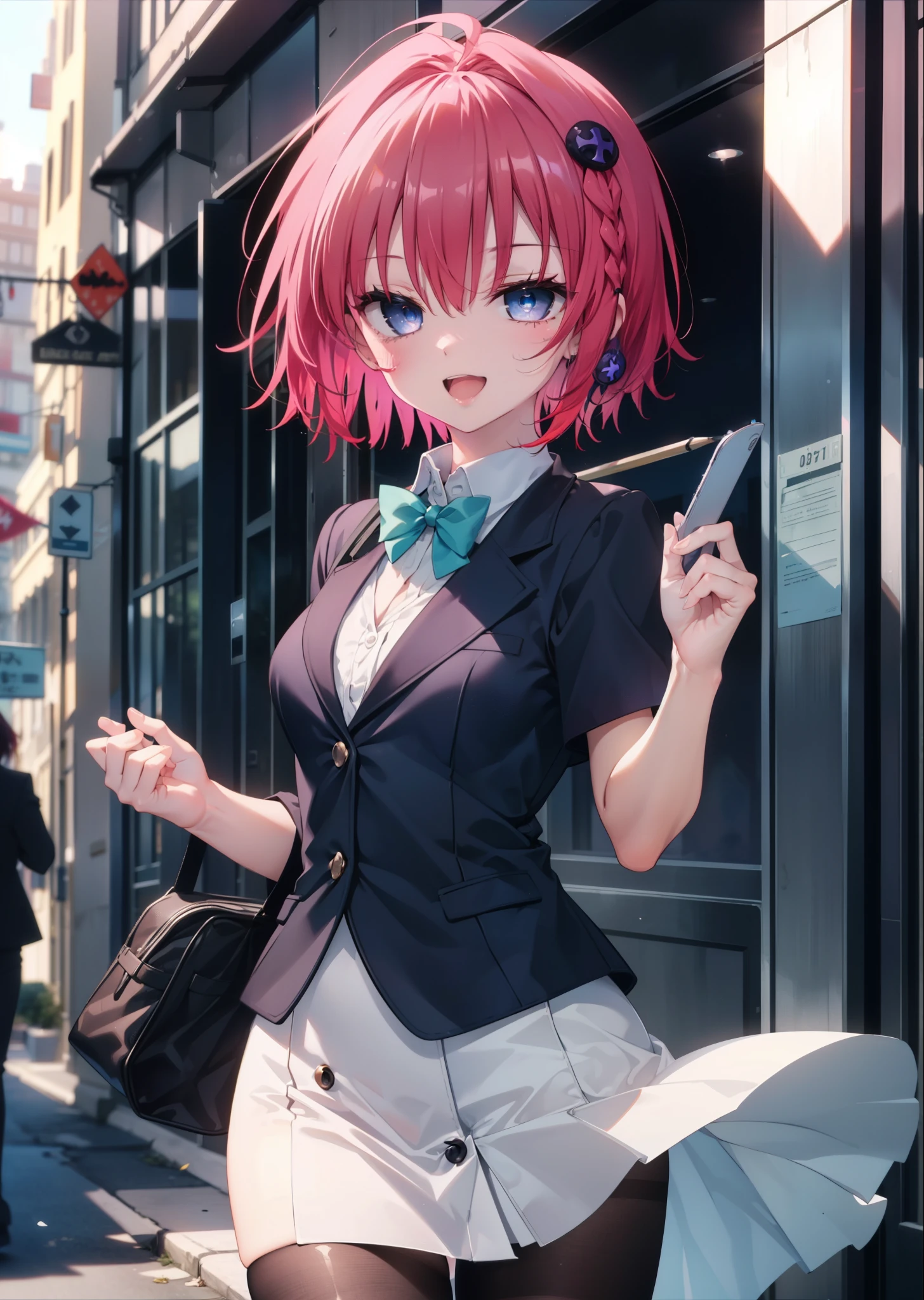 (masterpiece, highest quality:1.2),shape,8k,High resolution,kurosaki mea,まるでwhole bodyがイラストの中にいるかのように,1 girl,happy smile, smile, Open your mouth,Red Hair,Long braids,Upper Body,(Portraiture:1.2),hair ornaments,smile,Purple eyes,Medium Chest,White hair band,OL, end, Black suit jacket, Collared jacket, White dress shirt, Short sleeve,Collared shirt, Neckline, button, Black pencil skirt, Black pantyhose,Stiletto heels,morning,morning陽,The sun is rising,Walking,whole bodyがイラストに入るように,
break looking at viewer,whole body,
break outdoors, Building district,
break (masterpiece:1.2), highest quality, High resolution, unity 8k wallpaper, (shape:0.8), (Fine and beautiful eyes:1.6), Highly detailed face, Perfect lighting, Highly detailed CG, (Perfect hands, Perfect Anatomy),
