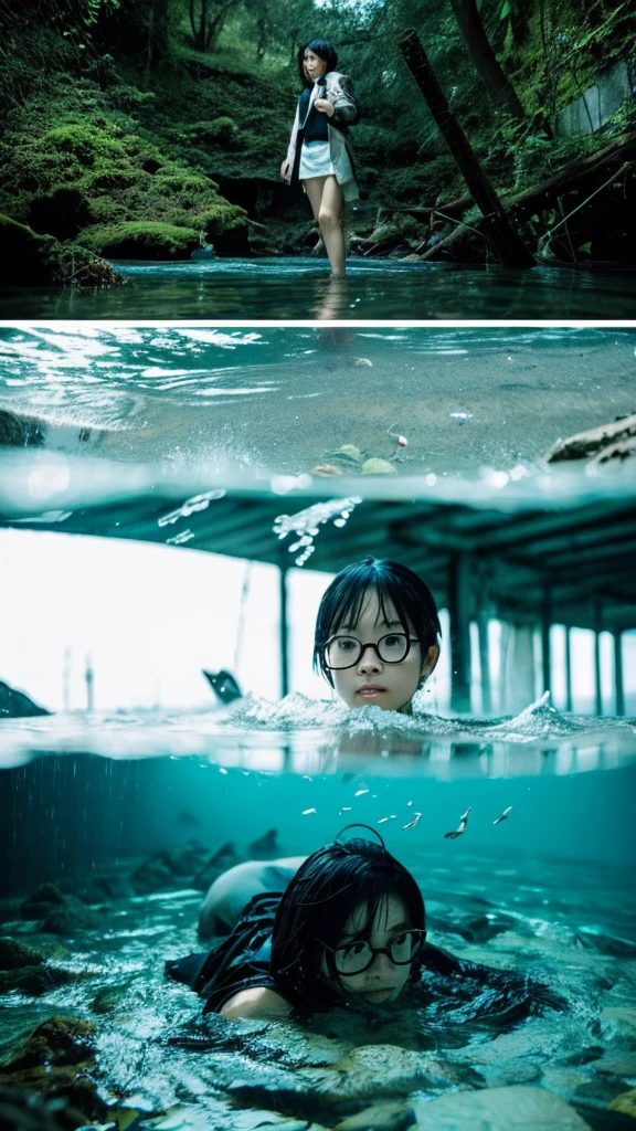 In the water,moss,Showa,Collapse,Devastation,Inside the ruins,Glasses,Women,adventure,Black and White,